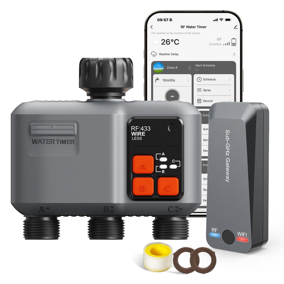 Johgee WiFi Sprinkler Timer 3-Zone with wall-penetration provides broad coverage for large gardens.