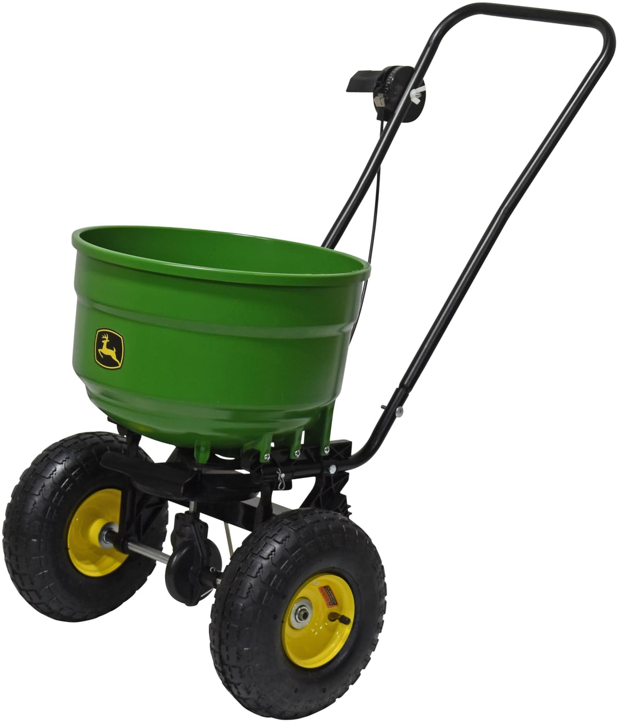 John Deere 60 lb spreader hopper in rust-free poly for durable lawn applications.