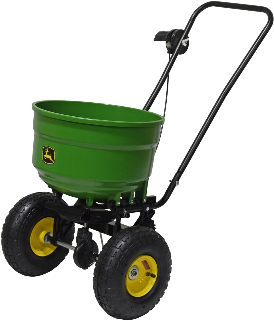 John Deere 60 lb spreader hopper in rust-free poly for durable lawn applications.