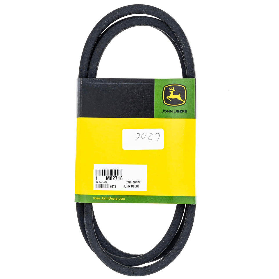 John Deere M82718 drive belt side view shows durable construction for mower decks.