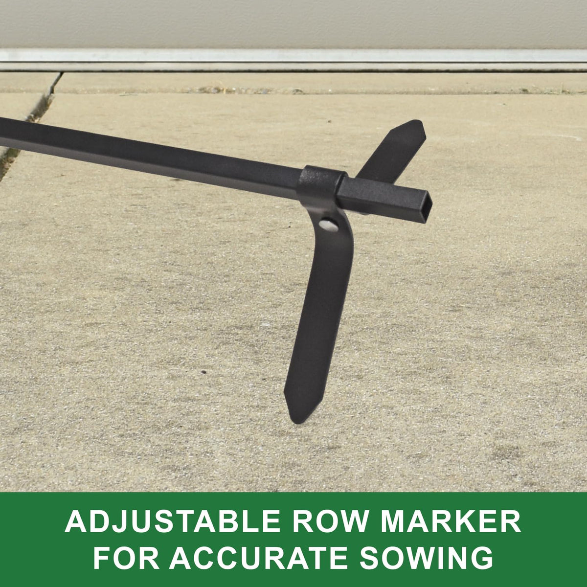 John Deere seeder side view with adjustable row marker for spacing.