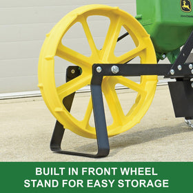 John Deere garden seeder wheel and kick stand keeps soil contact clean.