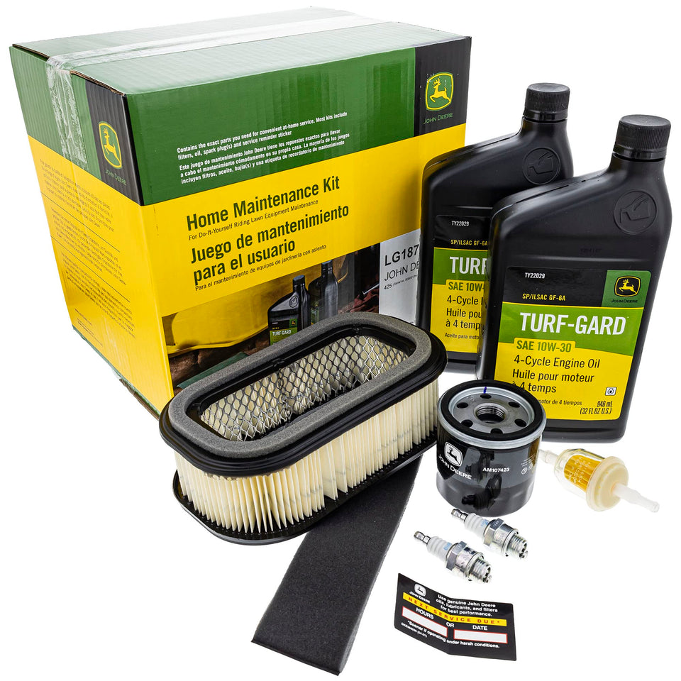 John Deere LG187 kit contents shown for easy at-home maintenance