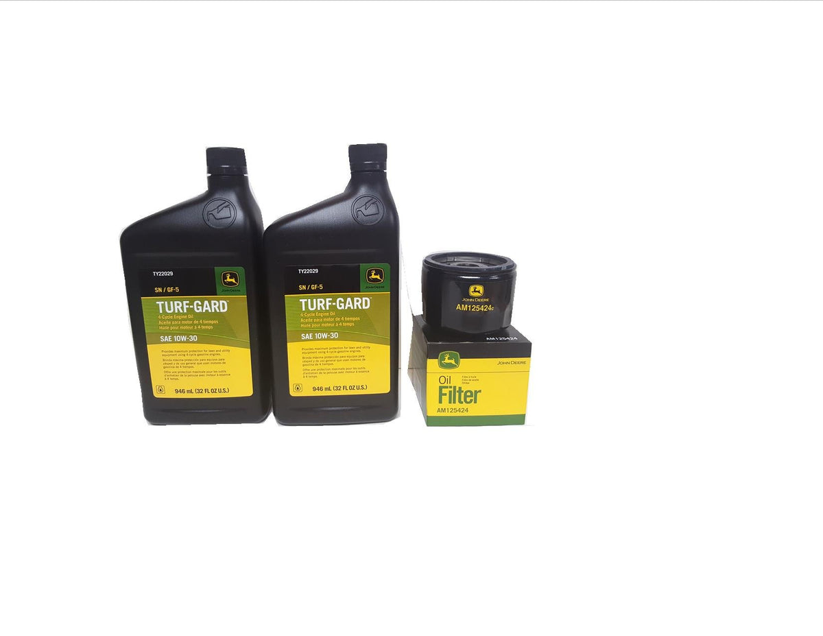John Deere Turf-Gard oil bottle pour ready for mower lubrication and easy maintenance