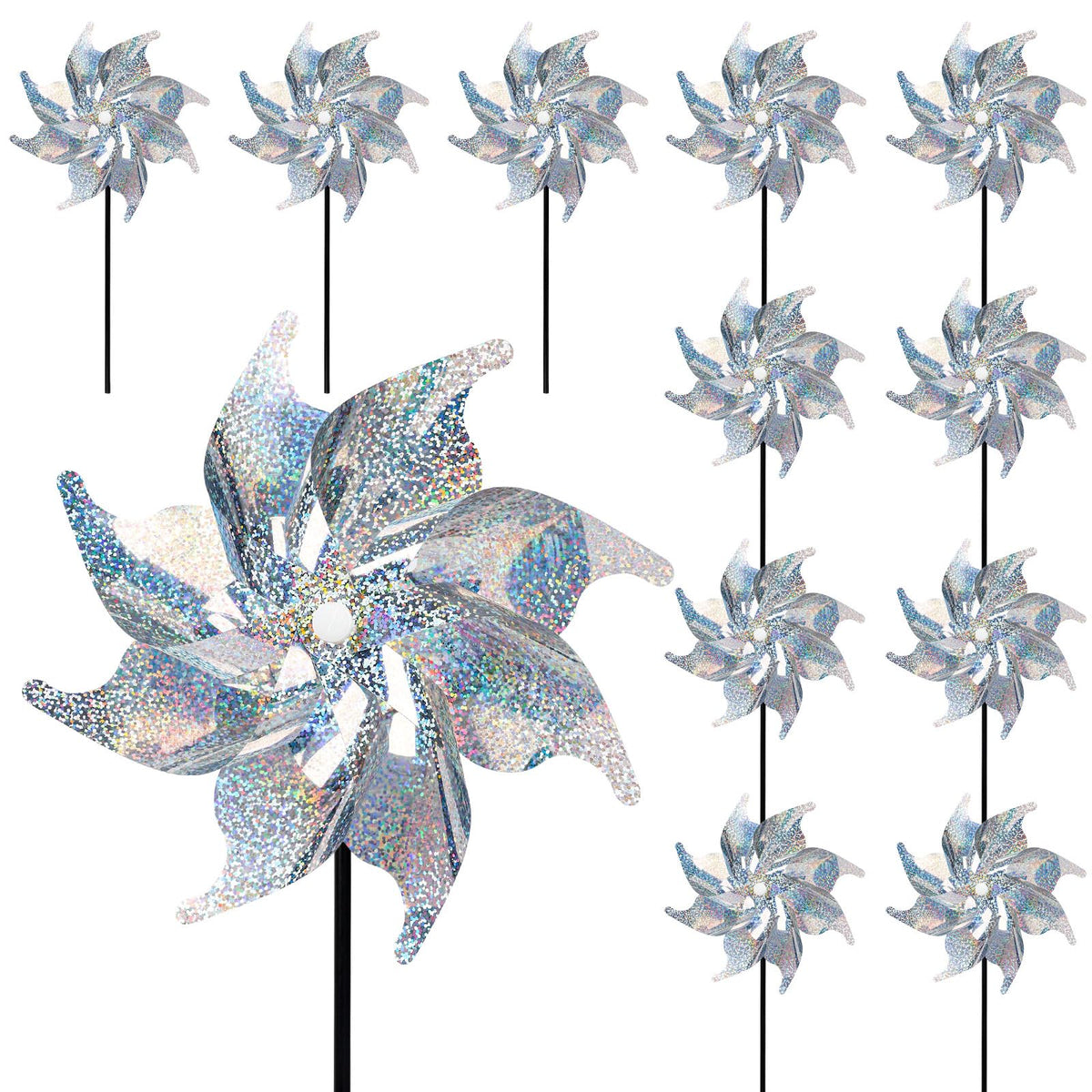 JOHOUSE reflective pinwheels 12-pack in breeze deter birds and add yard color.