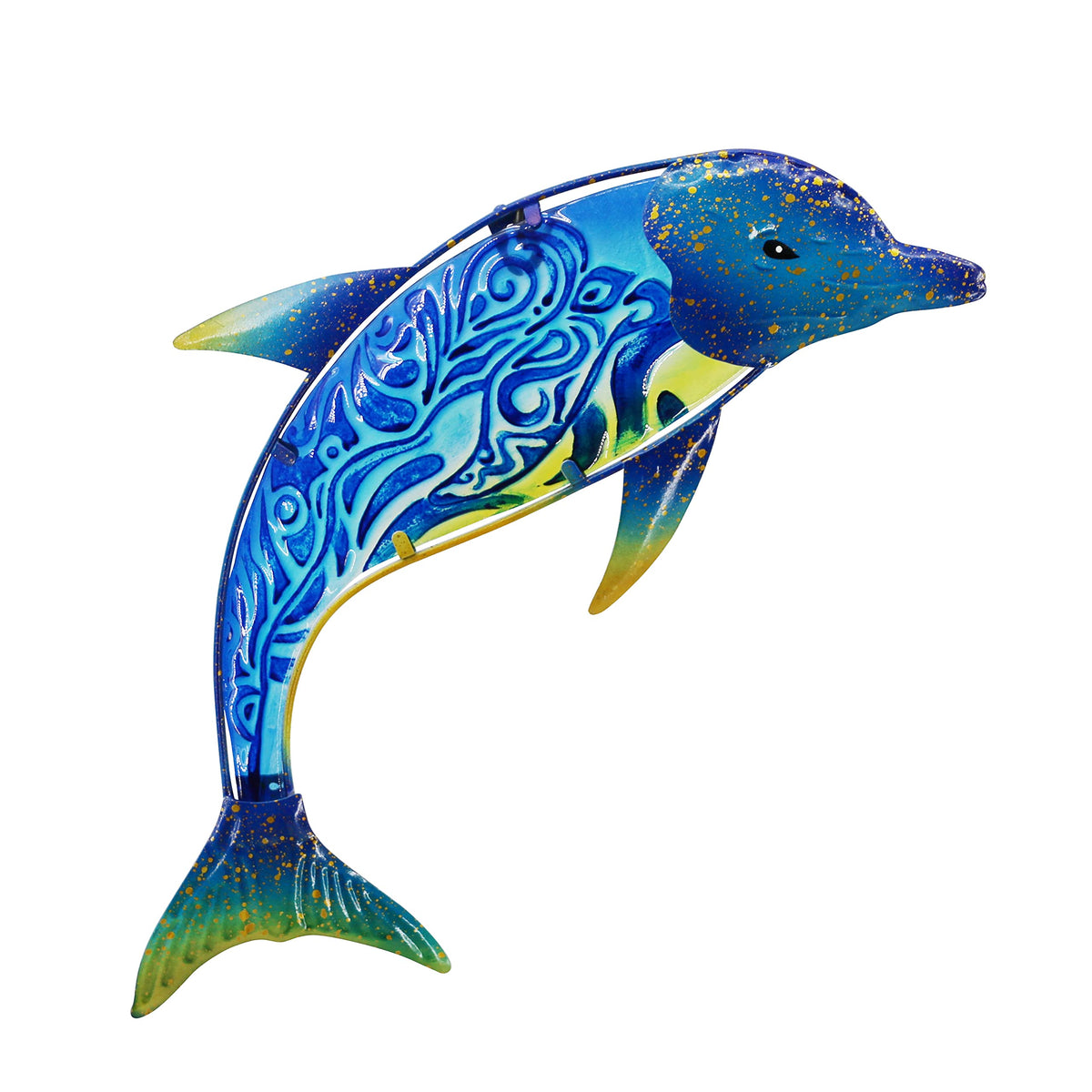 John's Studio dolphin wall decor in outdoor metal fish design for elegant garden accents.