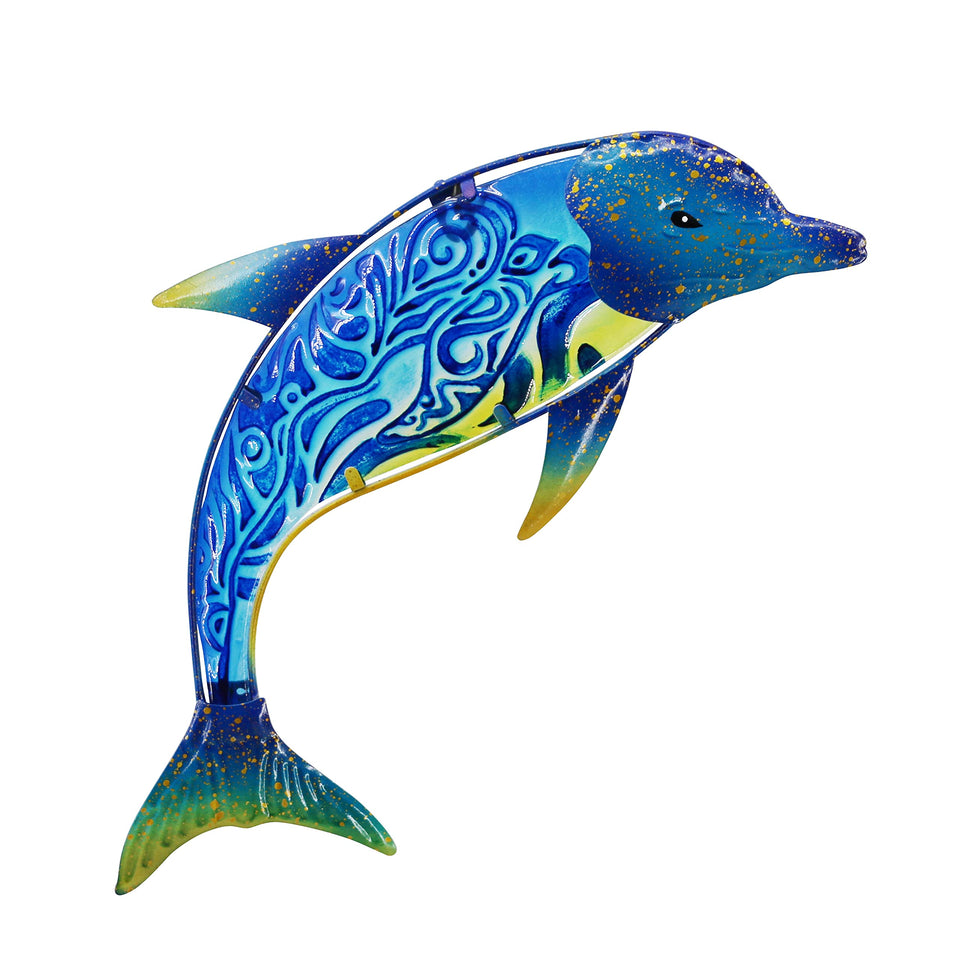 John's Studio dolphin wall decor in outdoor metal fish design for elegant garden accents.