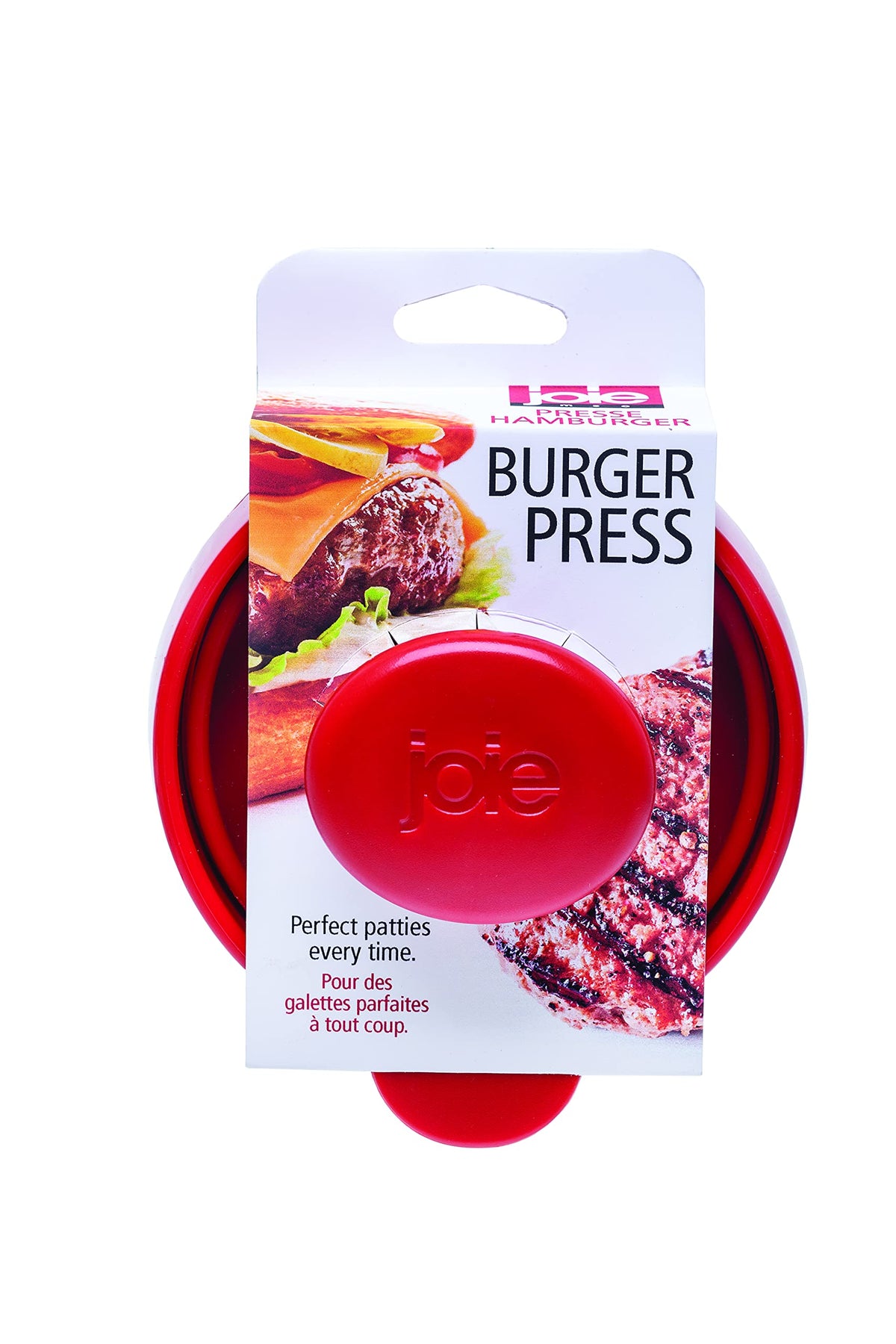 Joie burger press tucked in a drawer highlighting compact design.