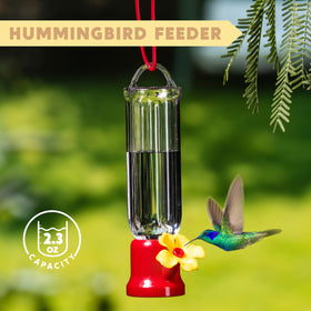 Joiedomi feeder close-up showing flower-shaped outlets attracting hummingbirds.