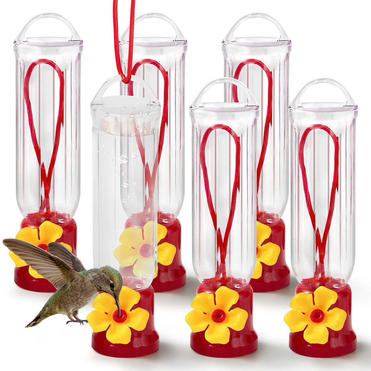 Joiedomi hummingbird feeders on hanging wires for easy patio display and birdwatching.