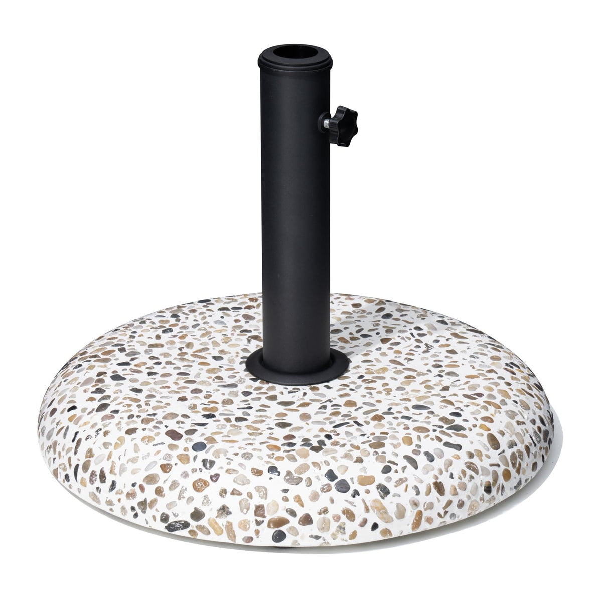 JOINHOM 45lb umbrella base with concrete cobblestone finish stabilizes deck setups.