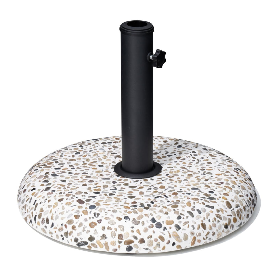 JOINHOM 45lb umbrella base with concrete cobblestone finish stabilizes deck setups.