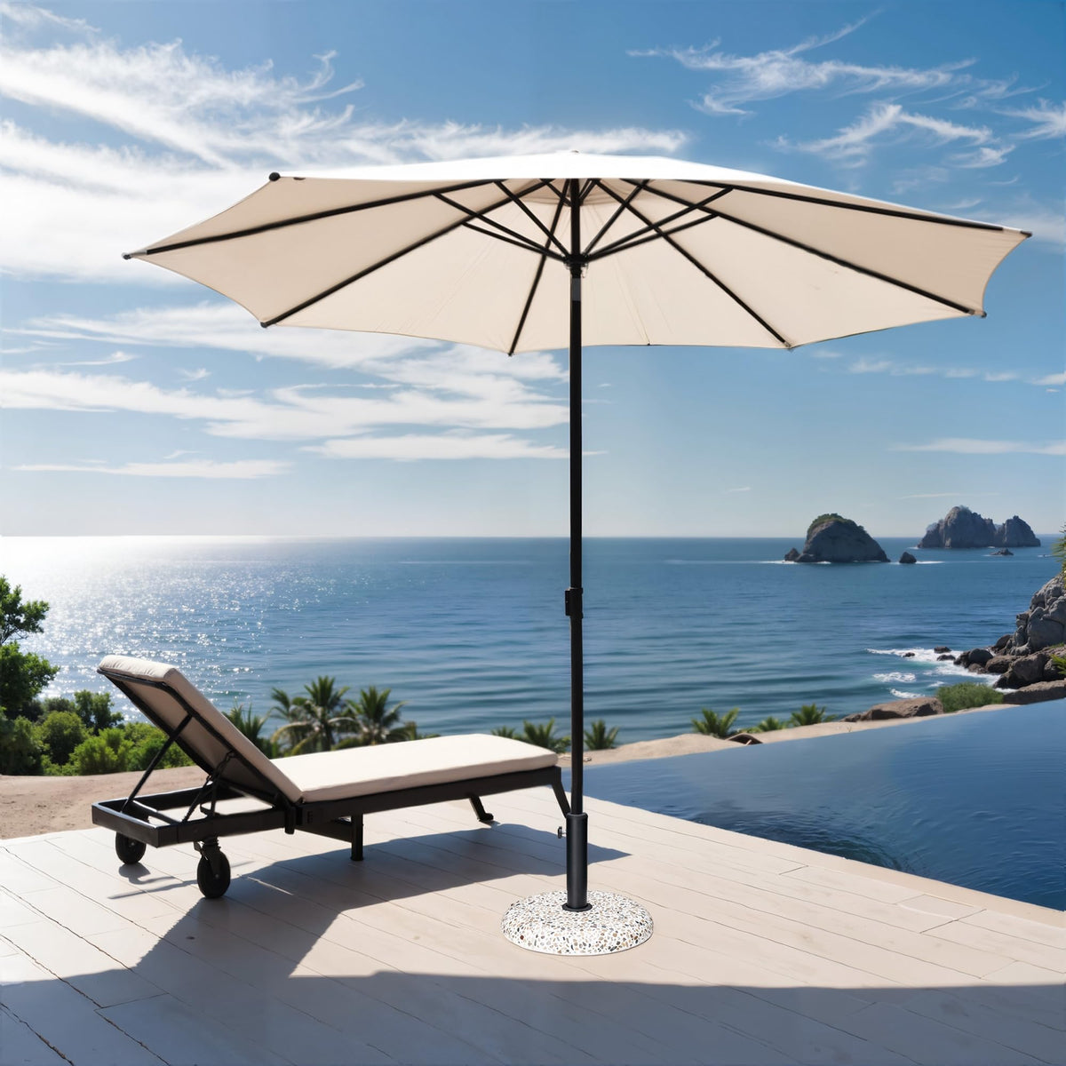JOINHOM umbrella base blends garden, terrace, and resort settings with rustic charm.