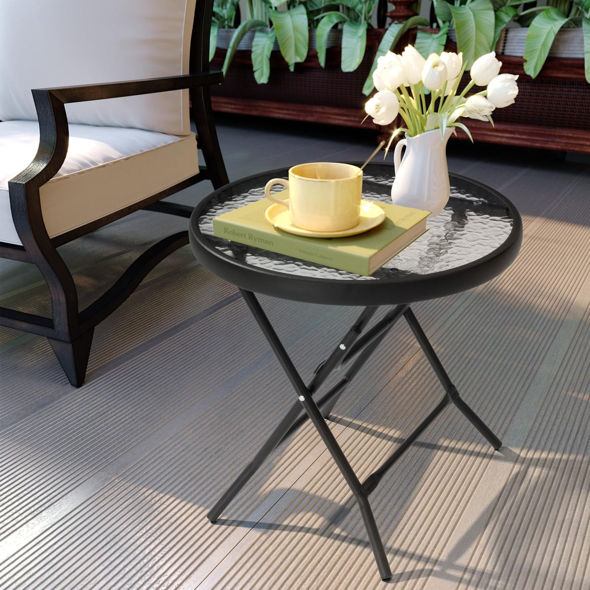 JOINHOM Outdoor Side Table black finish suits modern patio spaces.