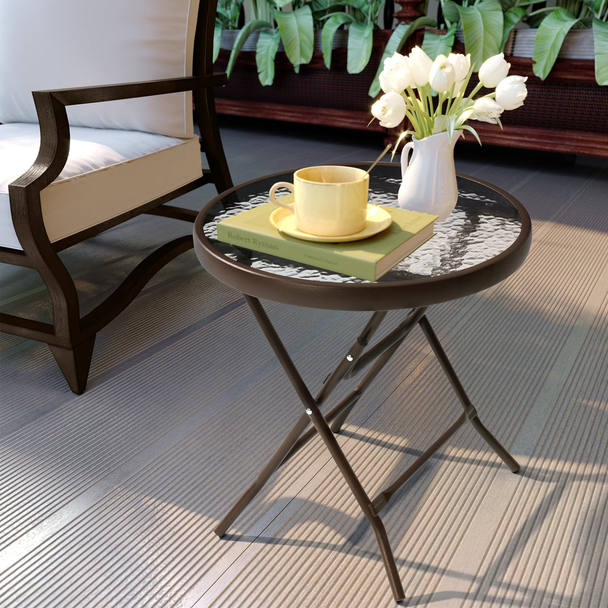 JOINHOM outdoor side table with round glass top, ideal for drinks outdoors.
