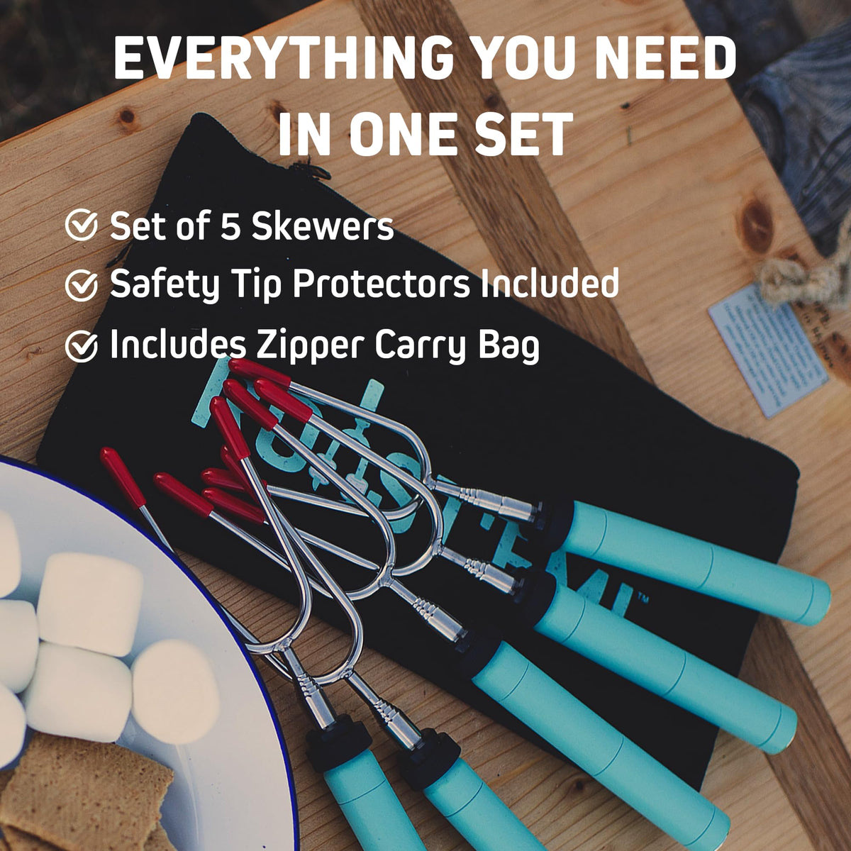 Jolly Green Products marshmallow sticks with protective rubber caps for safe family fires.