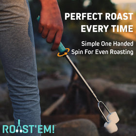Jolly Green Products stainless steel skewers with retractable handles for easy campfire use.