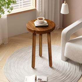 JOLLYMER round plant stand with teak grain, ideal for elevating greenery.