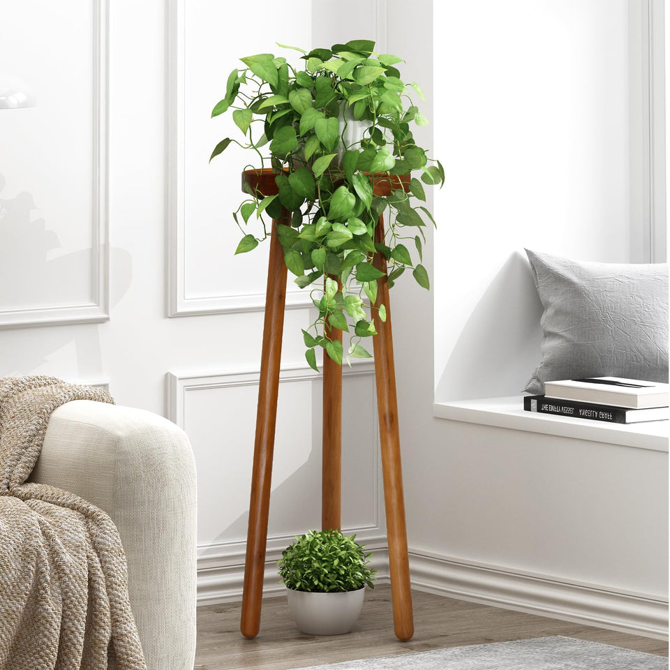 JOLLYMER teak round plant stand with 11.8-inch top and 30-inch height, ideal for greenery
