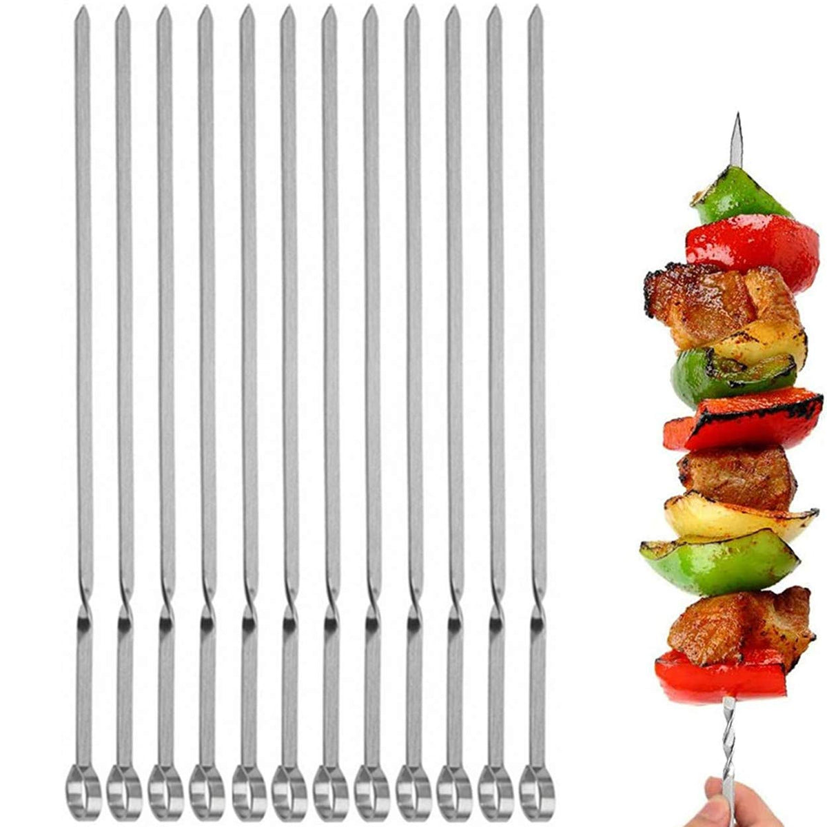 JOMVERL flat-design skewers show off 16-inch length for even grilling and easy handling.