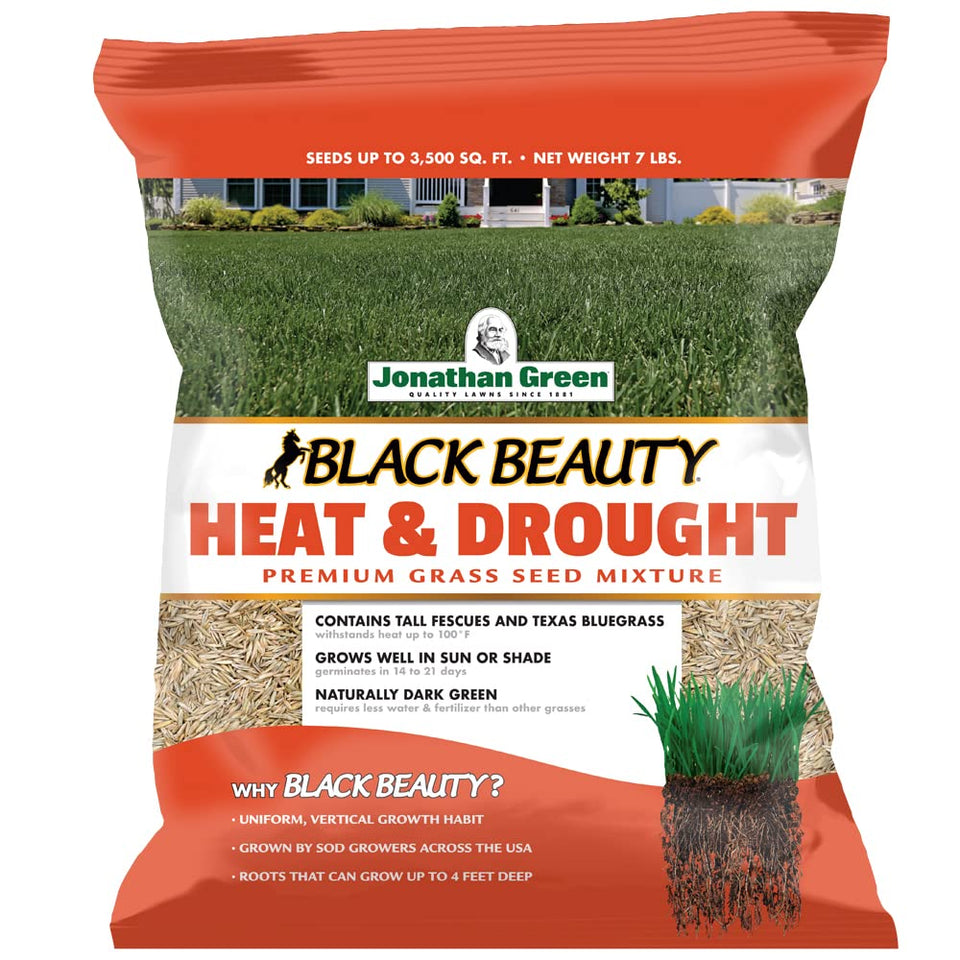 Jonathan Green Black Beauty seed bag highlighting heat and drought resilience for lawns.