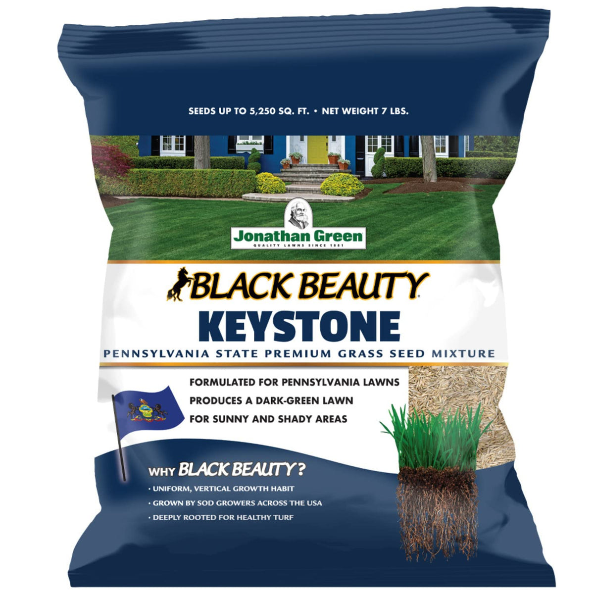 Jonathan Green Black Beauty Keystone PA seed bag label highlighting Pennsylvania-specific lawn blend.