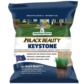Jonathan Green Black Beauty Keystone PA seed bag label highlighting Pennsylvania-specific lawn blend.