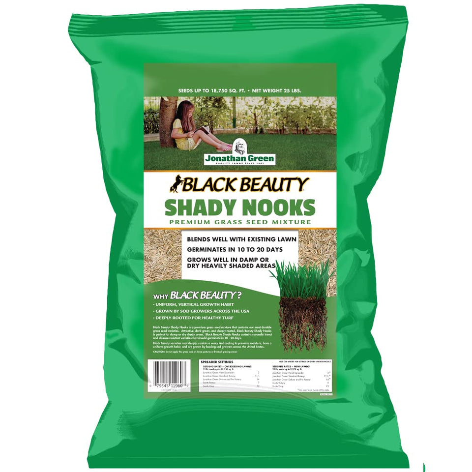 Jonathan Green Black Beauty Shady Nooks seed bag for shade-tolerant lawns.