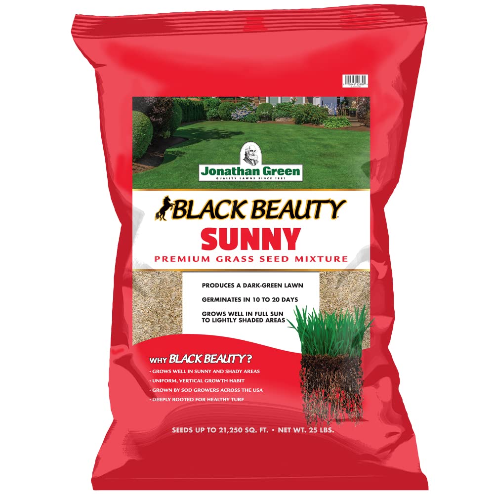 Jonathan Green Black Beauty Sunny Grass Seed bag shows durable cool-season lawn seed.