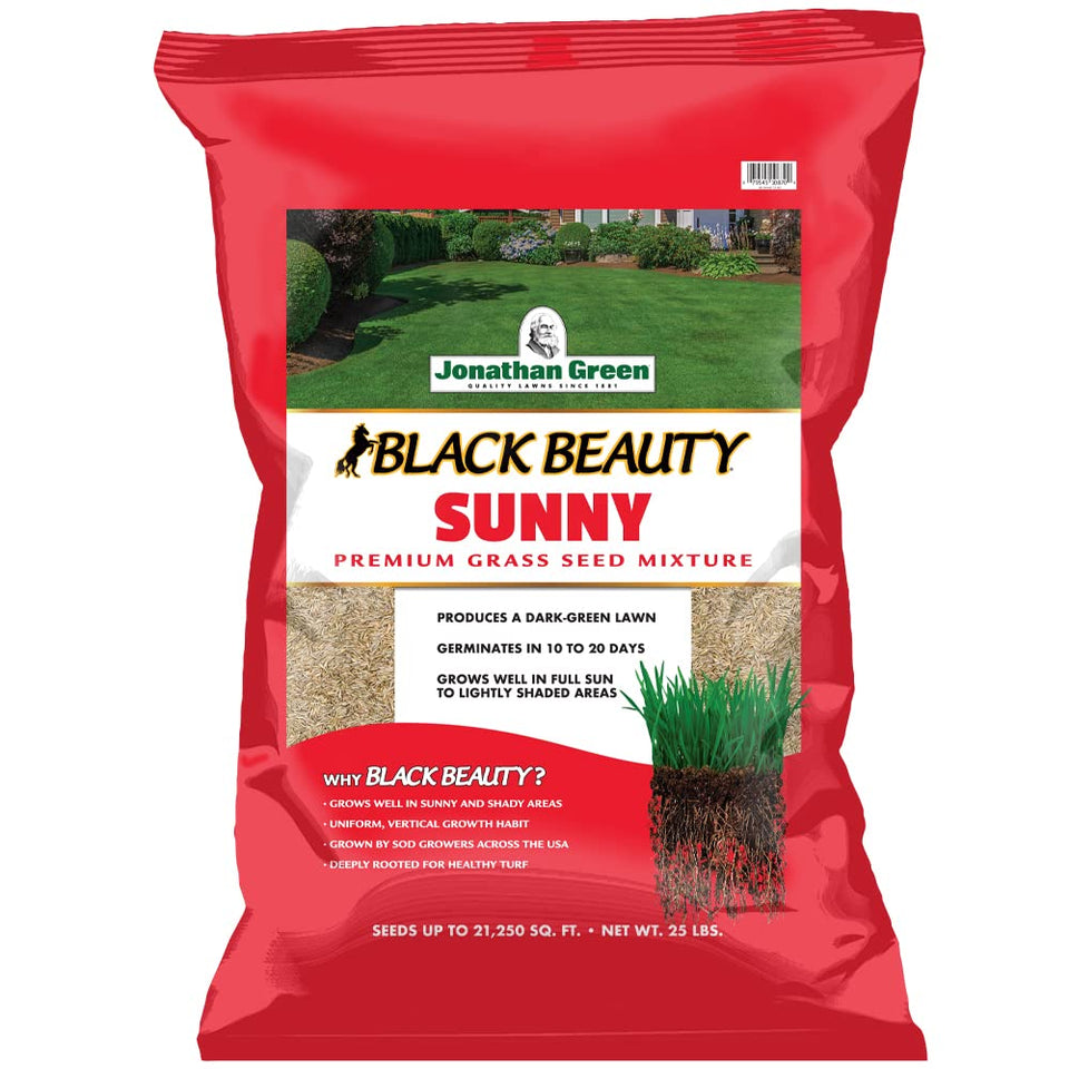 Jonathan Green Black Beauty Sunny Grass Seed bag shows durable cool-season lawn seed.