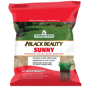 Jonathan Green Black Beauty Sunny Seed packaging shows heat-tolerant cool-season mix for sunny lawns.