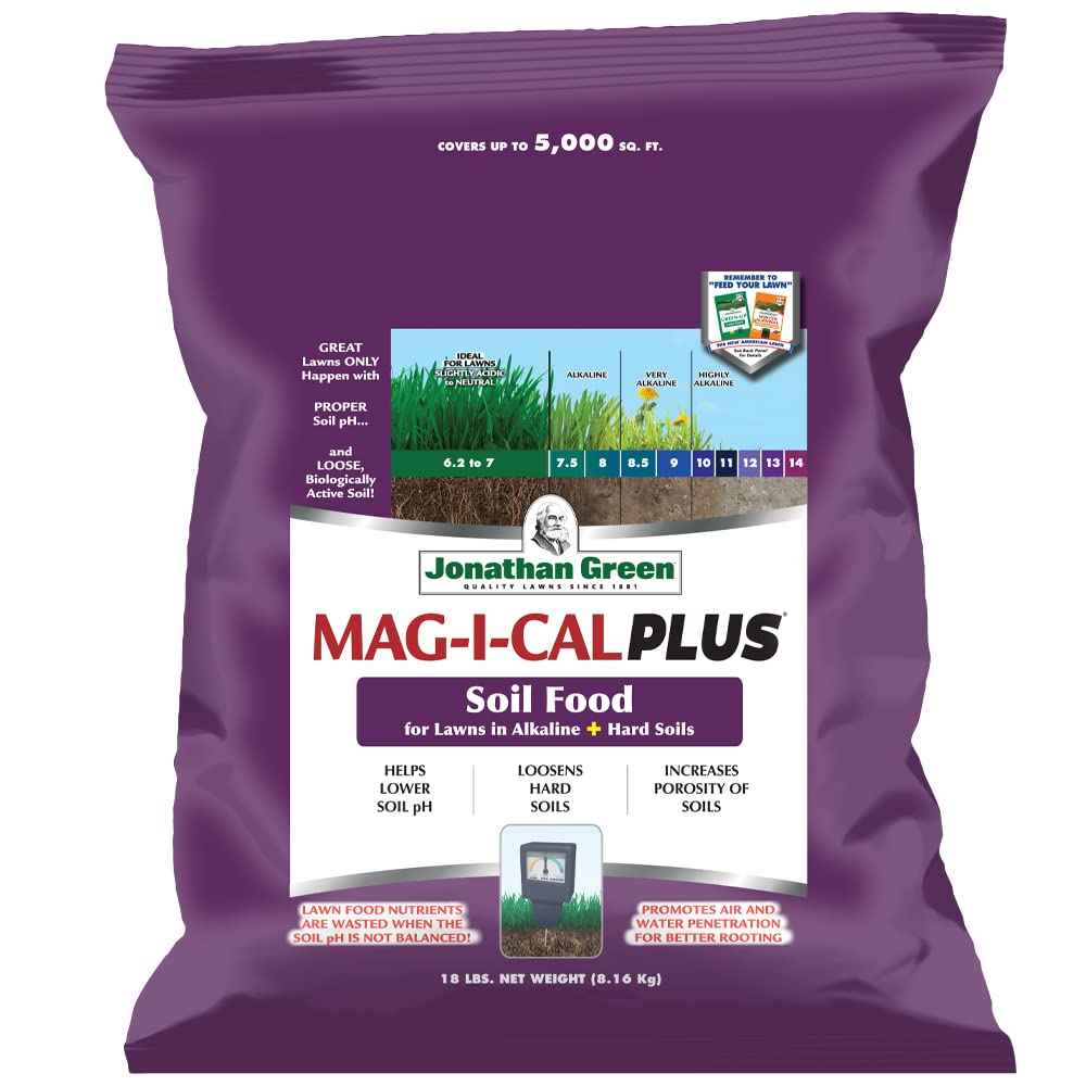 Jonathan Green MAG-I-CAL PLUS bottle shown for lawn soil improvement and pH balance.