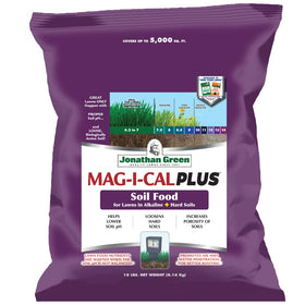 Jonathan Green MAG-I-CAL PLUS bottle shown for lawn soil improvement and pH balance.