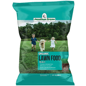 Jonathan Green Organic Lawn Food bag front shows coverage for 15,000 sq ft