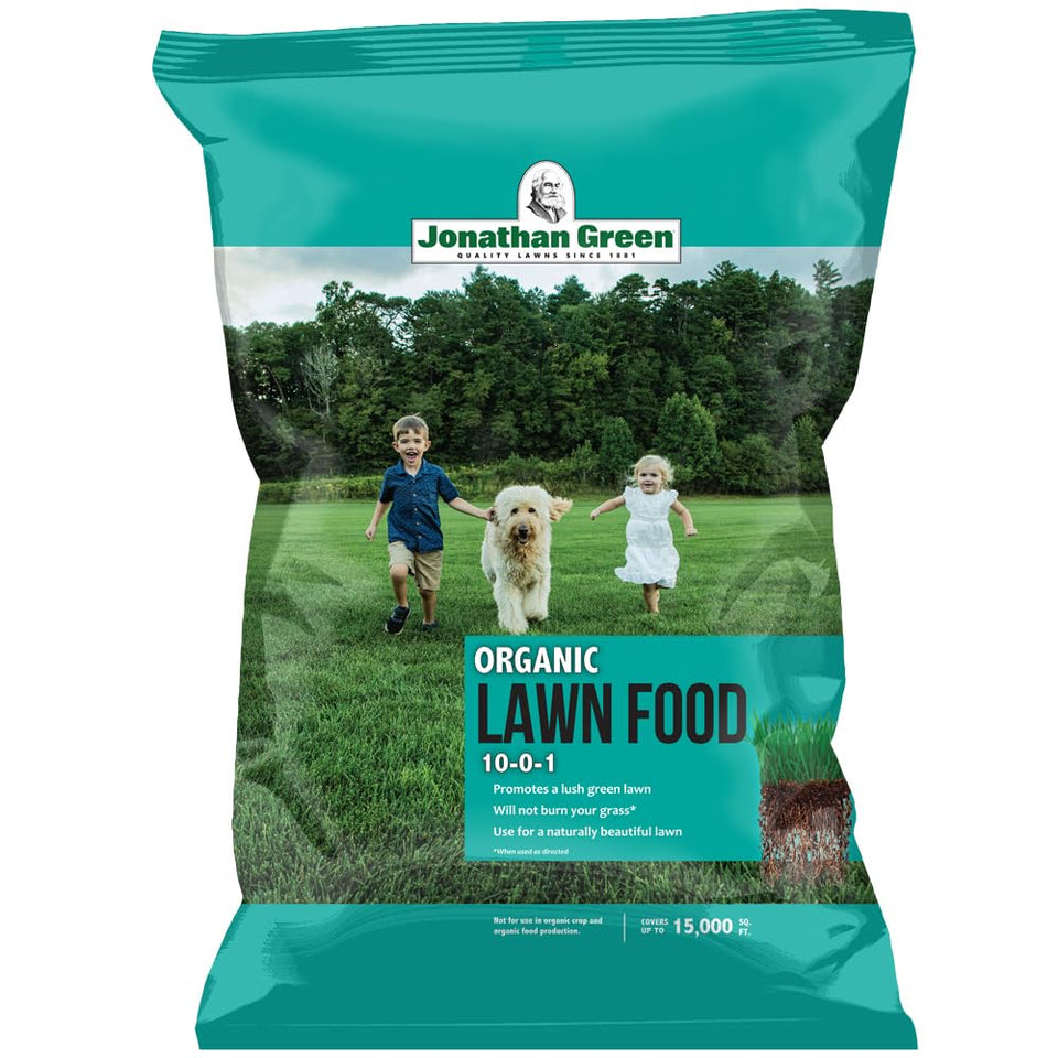 Jonathan Green Organic Lawn Food bag front shows coverage for 15,000 sq ft