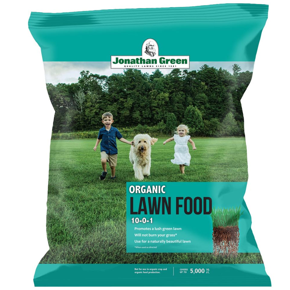 Jonathan Green Organic Lawn Food bag front view, ready-to-use blend for all grass types.