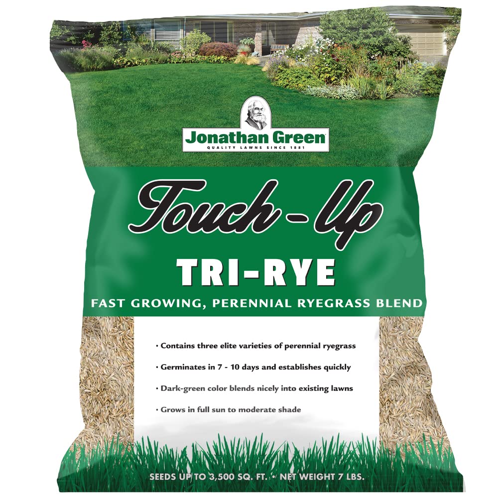 Jonathan Green Touch-Up TRI-RYE seed bag ready for lawn reseeding and refreshment.