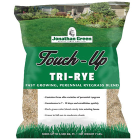 Jonathan Green Touch-Up TRI-RYE seed bag ready for lawn reseeding and refreshment.