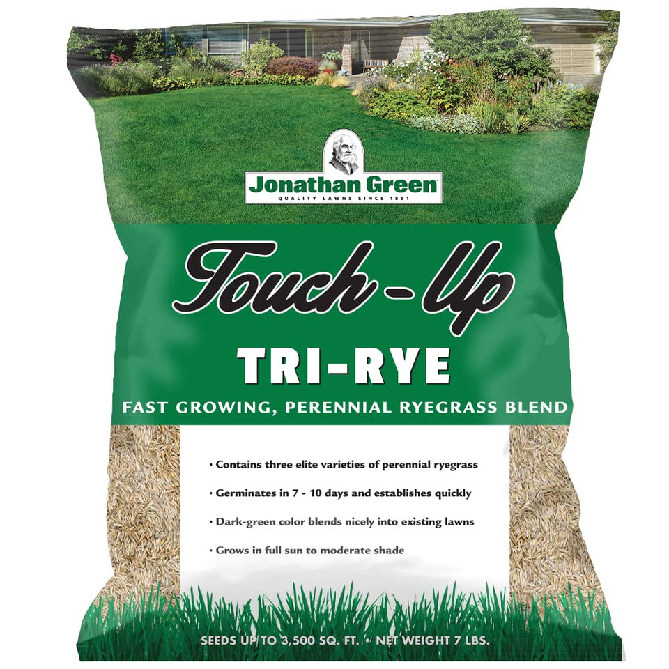 Jonathan Green Touch-Up TRI-RYE seed bag ready for lawn reseeding and refreshment.