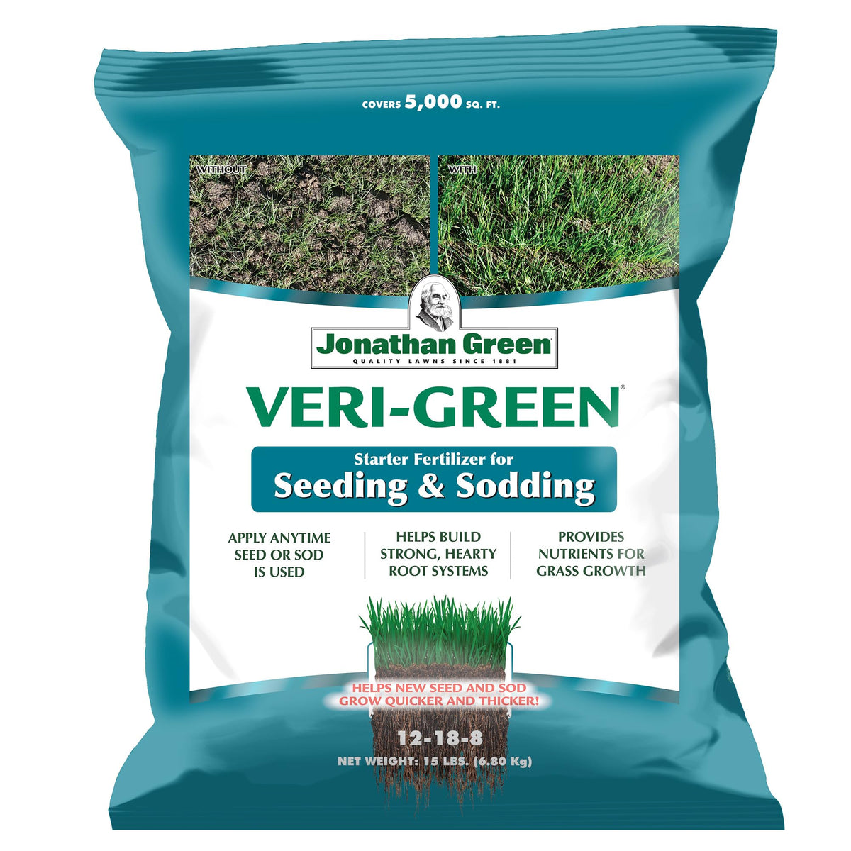 Jonathan Green Veri-Green starter fertilizer bag promotes strong roots for new lawns.