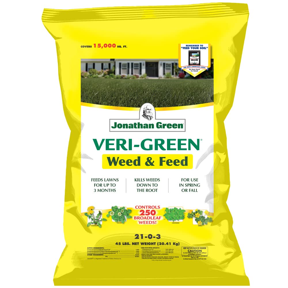 Jonathan Green Veri-Green weed feed bottle demonstrates dual-action lawn care.
