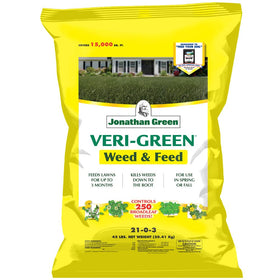 Jonathan Green Veri-Green weed feed bottle demonstrates dual-action lawn care.