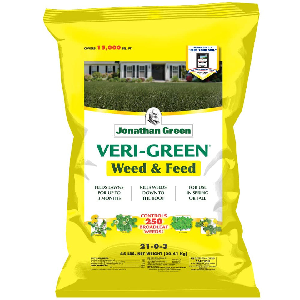 Jonathan Green Veri-Green weed feed bottle demonstrates dual-action lawn care.