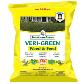 Jonathan Green Veri-Green weed and feed bottle targets common weeds for a healthier lawn.