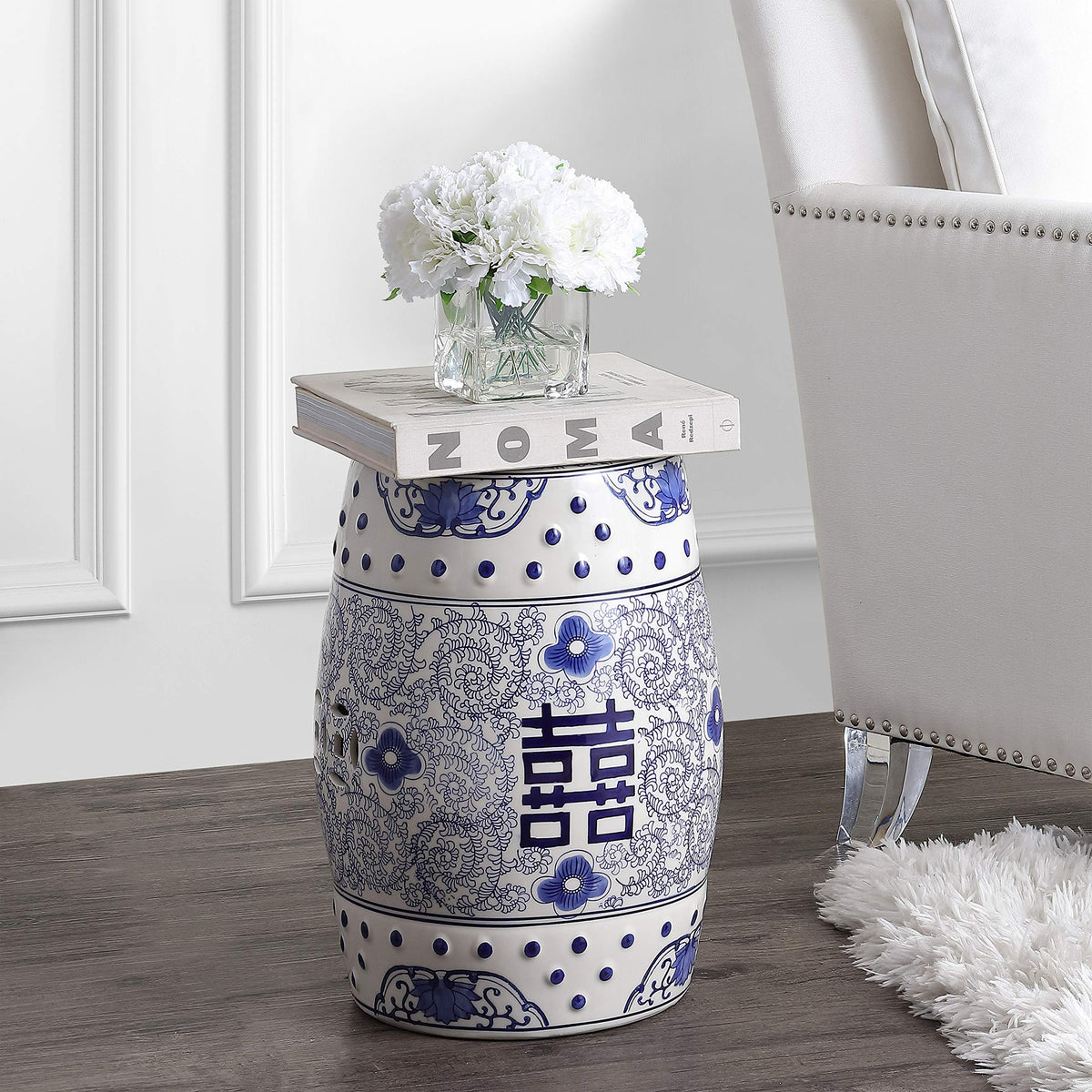 Jonathan Y blue-white chinoiserie stool shown as outdoor side table