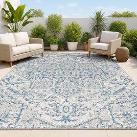 Jonathan Y boho medallion rug 4x6 navy gray for patio with durable indoor/outdoor use.