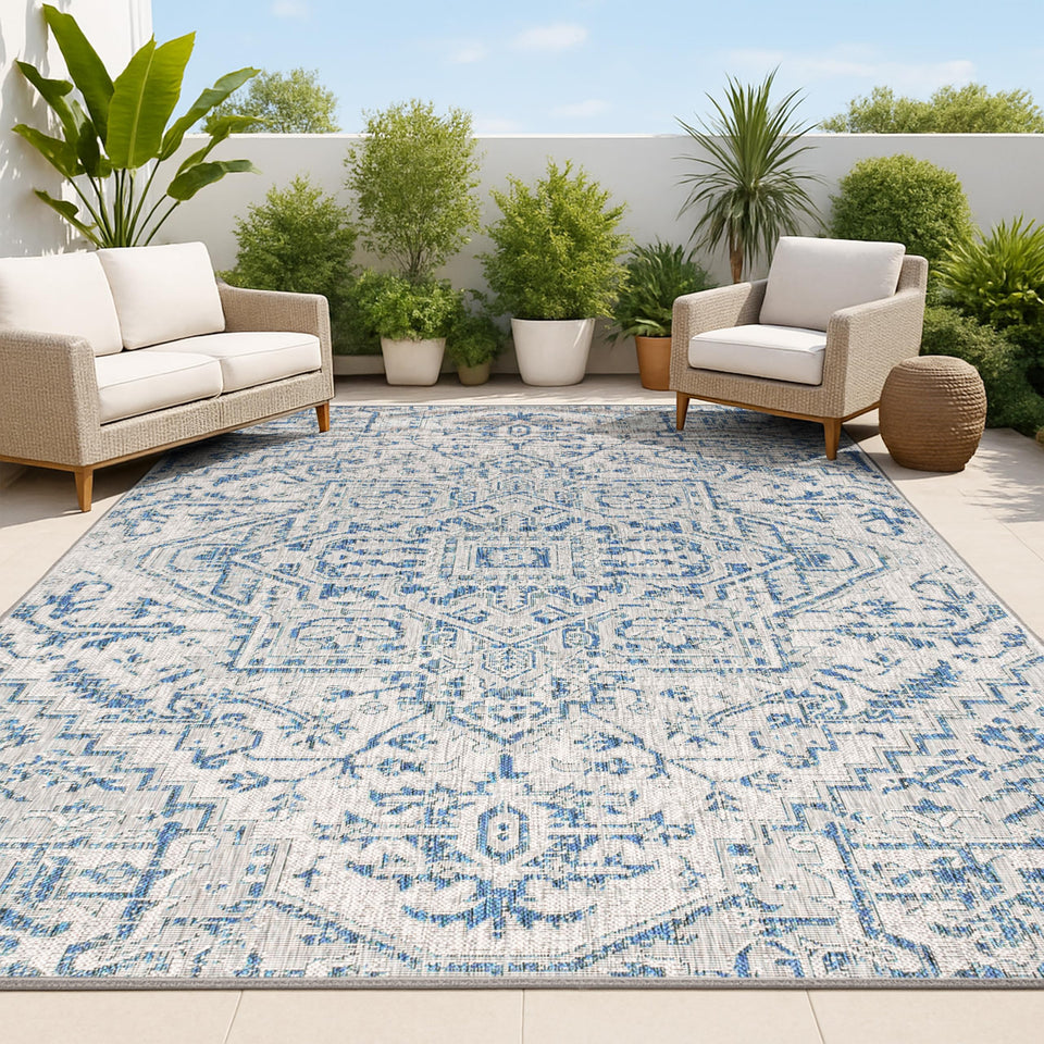 Jonathan Y boho medallion rug 4x6 navy gray for patio with durable indoor/outdoor use.