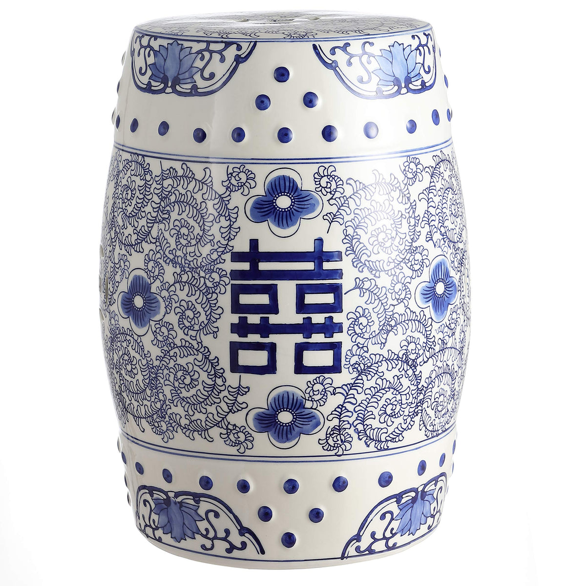 Jonathan Y Double Happiness stool with blue glaze, decorative close-up