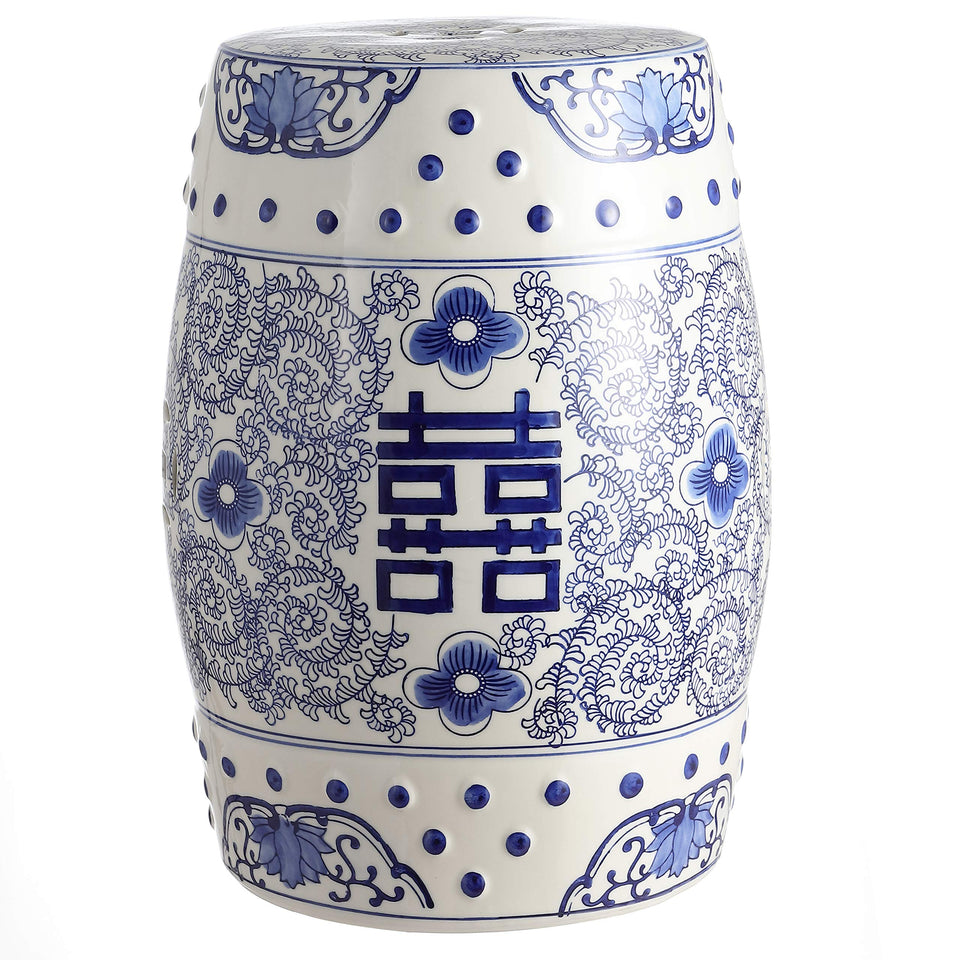 Jonathan Y Double Happiness stool with blue glaze, decorative close-up