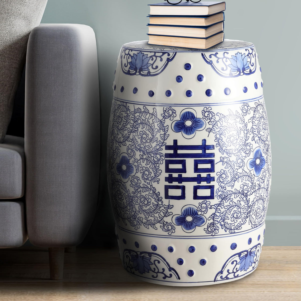 Jonathan Y morning glory motif on blue-and-white ceramic stool